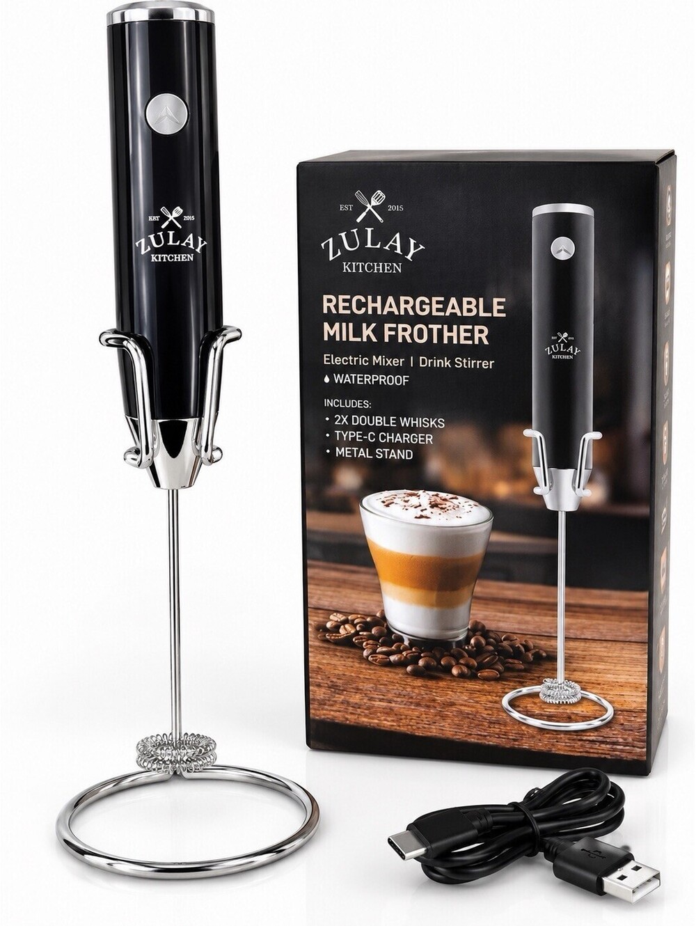 🖤 Zulay Kitchen Rechargeable Milk Frother, Black, Electric Mixer & Drink